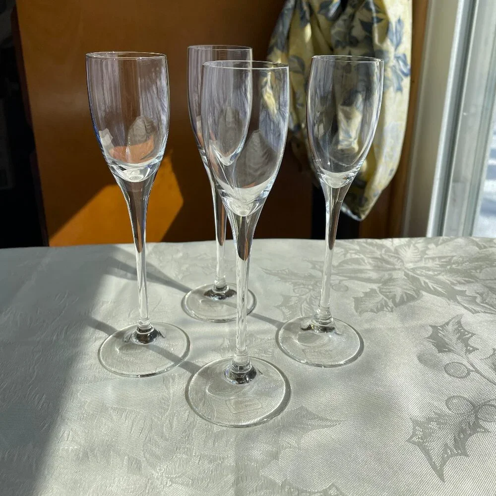 Set of 4 Crate & Barrel Slovakia Tall Stemmed 7” Crystal Cordial Liqueur Glasses